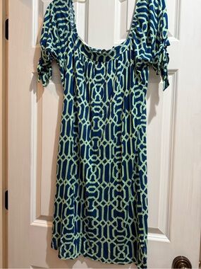 T-Bags Navy and Lime Geometric Scoop-Neck Midi Dress